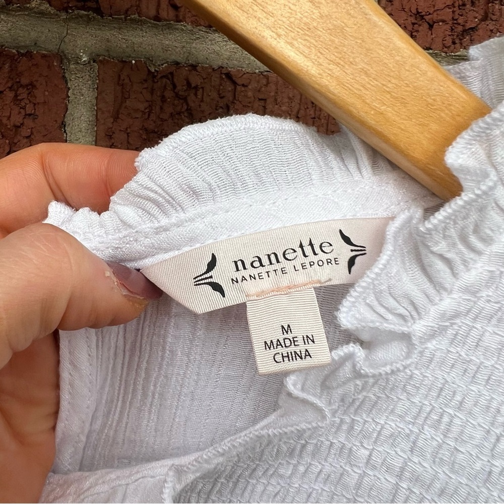 Nanette Lepore White Mock Neck Ruffle Front Short Sleeve Blouse Top - Picture 2 of 2